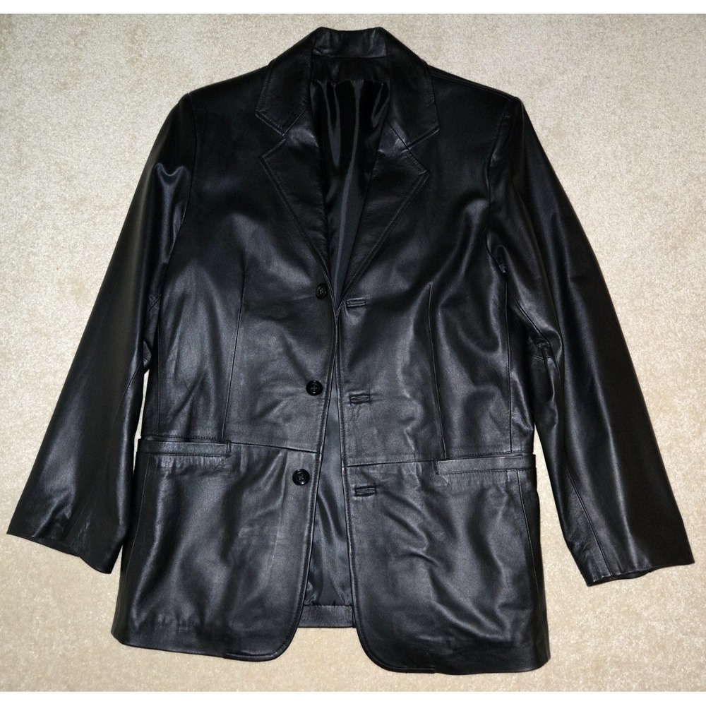Vera Pelle Men's Black Leather‎ 3 Button Blazer Size 46 Excellent Used Condition